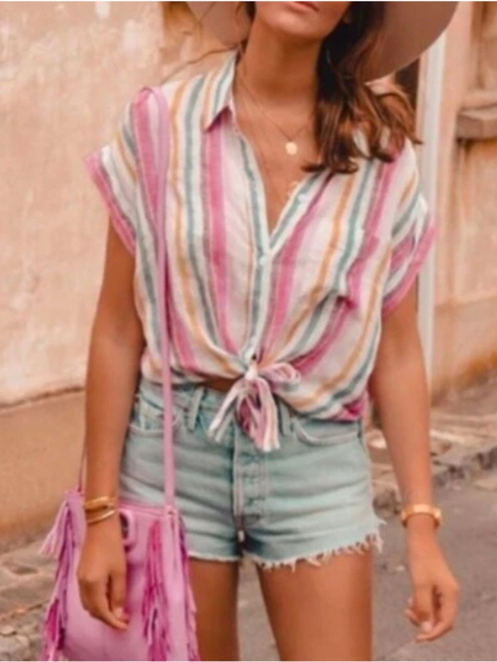 Rails Striped top Button-Down Amelia Shirt in Pink, Green & Cream Small